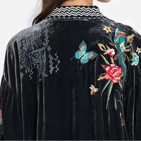 Johnny Was Gen Boho Velvet Floral Embroidered Kimono Jacket Jasper NWT